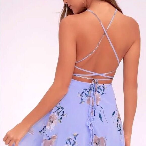 Lulu's Floral High Neck Periwinkle Lace Up Back Flowy Skater Mini Dress Large - Picture 4 of 10